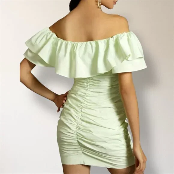 Maeve Anthropologie 0 Off Shoulder Green Ruffle Ruched Mini Dress Party  Wedding